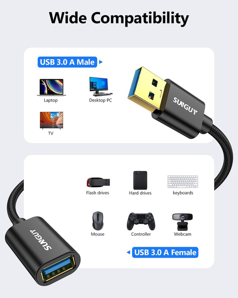 SUNGUY 10FT USB3.0 5Gbps USB Extension Cable, Long Extension Cable Fast Data Transfer, Type A Male to A Female USB