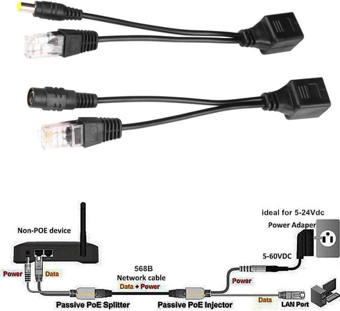 Passive PoE Injector and Splitter Kit with 5.5x2.1 mm DC Connector, RJ45 Power Over Ethernet