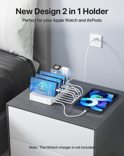 SooPii 8-Port USB-C Charging Station with 1 PD 20W Fast Charging Port, 8 Mixed Cables, and Upgraded Holder for lWatch