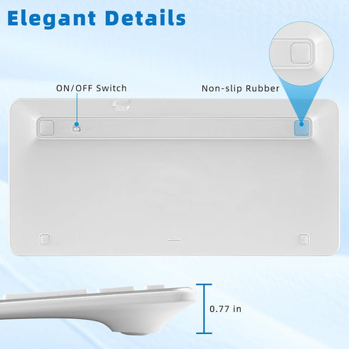 Ultra-Slim Bluetooth Keyboard, Wireless Rechargeable Ergonomic Keyboard for iPad, iOS, Android, Windows PC, White Silver