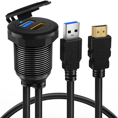 BATIGE USB 3.0 HDMI Car Mount Flush USB Port Cable, Alloy Shell Dash Panel Extension Cable with LED Indicator, 3ft