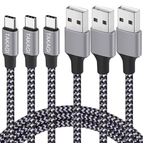 TAKAGI 3-Pack USB Type C Cable 6ft, 3A Fast Charging, Nylon Braided, Compatible with Galaxy S20, iPhone 15/15 Pro Max.