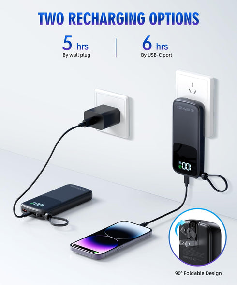 Portable-Charger-Power-Bank - 15000mAh Portable Charger PD30W Fast Charger, Built-in AC Wall Plug and 2 Output Cables with LED Display for iPhone 15 14 13 12 X Samsung S24 S23 Google iPad etc (Black)