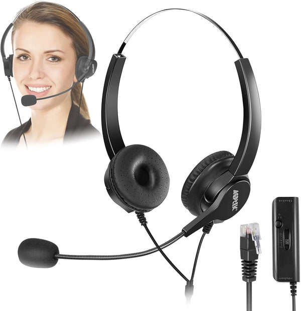AGPTEK Hands-Free Call Center Noise Cancelling Corded Binaural Headset with 4-Pin RJ9 Crystal Head and Mic for Desk