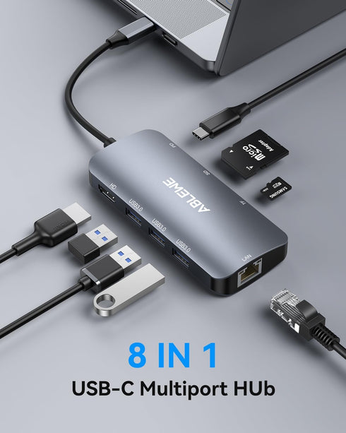 ABLEWE 8 1 4K@60Hz Adapter,1000Mbps, 100W 3 3.0 USB C Hub Ethernet, Multiport USB C to HDMI Hub, in USBC PD, USB Ports