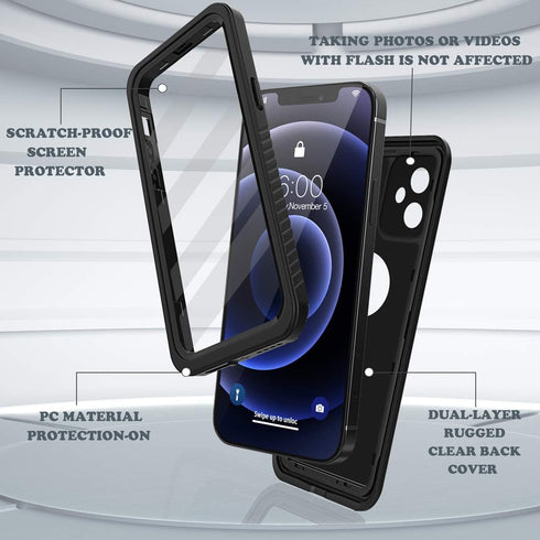 Diverbox Waterproof Case for iPhone 12, Shockproof Dustproof IP68 Full-Body Hard Case with Built-in Screen Protector
