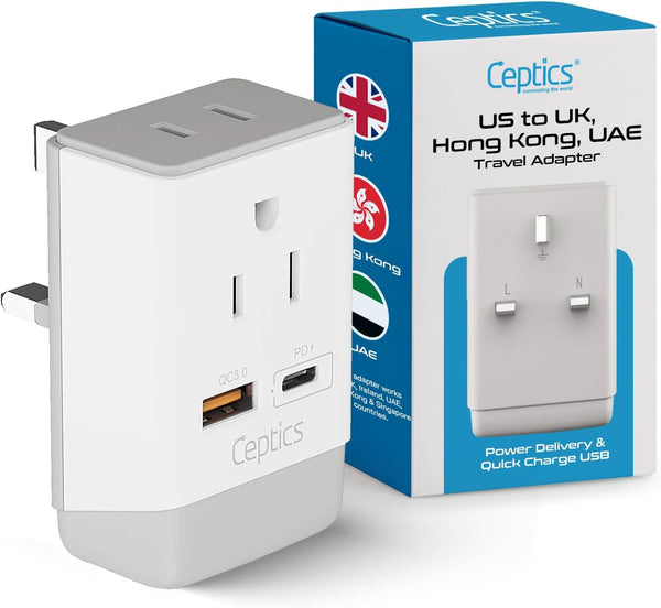 Ceptics UK Ireland Hong Kong Plug Adapter, International Power Plug with USB & USB-C for Fast Charging