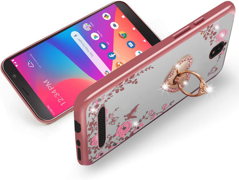 B-wishy for Blu View 2 Case, Glitter Crystal Butterfly Heart Floral Slim TPU Cover with Kickstand & Strap (Rose Gold)