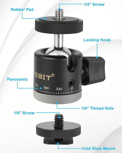 UTEBIT 1/4" Mini Ball Head, Panoramic Tripod Head with Camera Hot Shoe Mount DSLR Camera Mount Adapter Photograph