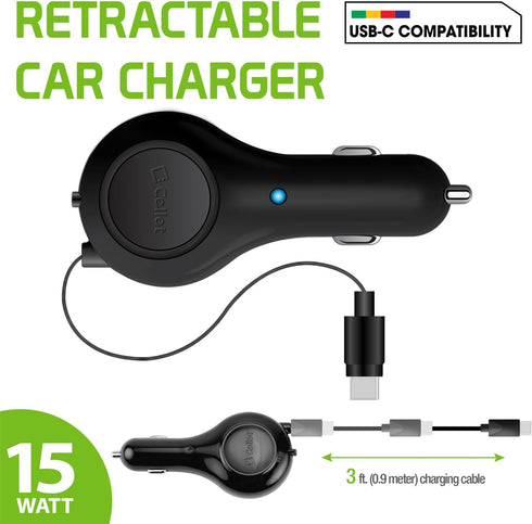 Cellet Retractable iPhone 15 Car Charger, Samsung Galaxy Smartphone, Google Pixel Smartphone Car Charger (Type-C 15 WATT)