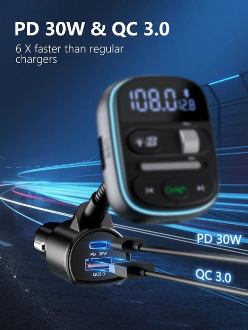 LENCENT Bluetooth FM Transmitter PD 30W, Bluetooth Car Adapter with QC3.0 Fast Charger, Hi-Fi Bass Music, Wireless