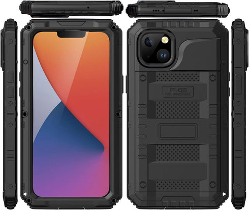 Marrkey Heavy Duty Waterproof Case for iPhone 14, Durable Metal Full Body Protection, Shockproof Rugged Defender, Black