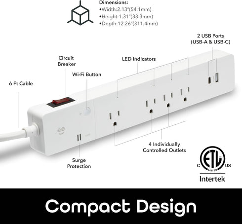 Geeni Smart Multi Outlet Plug, 4 Outlet Wall Plug Plus 2 USB Ports, Surge Protector with 6 Ft Cord, WiFi Control, Alexa