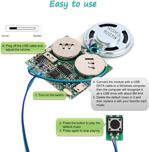 Recordable Sound Module, Icstation 8M USB Programmable Sound Chip with Speaker, Push Button Activated for DIY Music