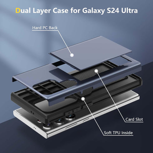 ZUSLAB Card Holder Slot Case for Samsung Galaxy S24 Ultra, Shockproof Rubber & PC Bumper Dual Cover - Dark Blue