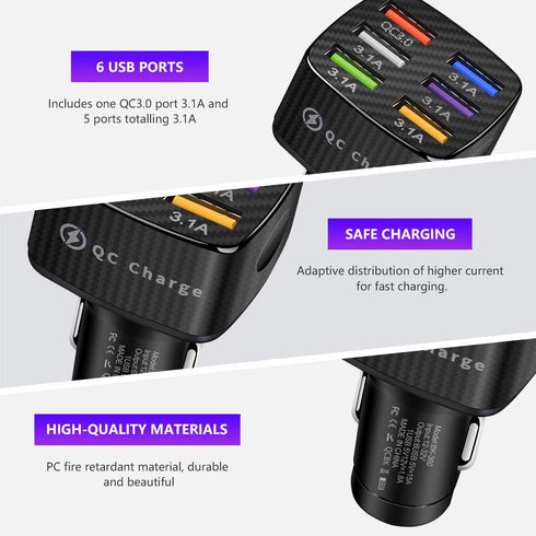 Car Charger Adapter, 6 USB Multi Port Fast Charger with QC 3.0, Quick Charging for Most Cell Phones, Black