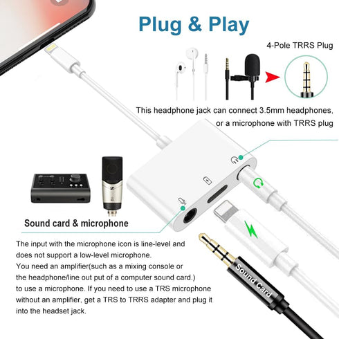 Microphone & 3.5mm Headphone Adapter for iPhone, Lightning to Audio & MIC Adapter for Live-Streaming with Charging Port