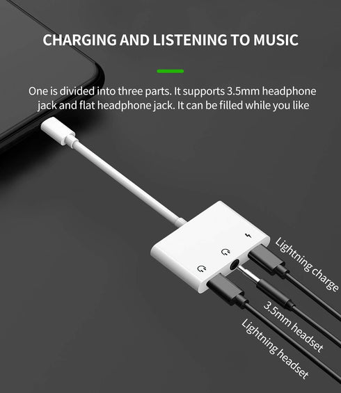 Headphone Adapter Lightning to 3.5mm AUX Audio Jack and Charger Extender Dongle Earphone Headset Splitter Compatible with iPhone 11 12 Mini pro max xs xr x se2 7 8 Plus for Ipad Air Cable Converter