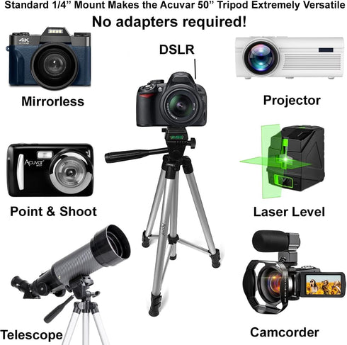 Acuvar 50" Smartphone, Camera & Camcorder Tripod with Phone Mount to Fit All Phones, iPhone & All Samsung Galaxy Android & Nikon Canon Sony Olympus Fuji Cameras & Much More with Carrying Bag