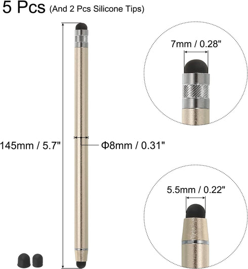 MECCANIXITY 5pcs Stylus Pens for Touch Screens with 2 Extra Tips Dual Rubber Tips Capacitive Stylus Universal Tablet Pen Sensitivity Precision, Champagne Gold
