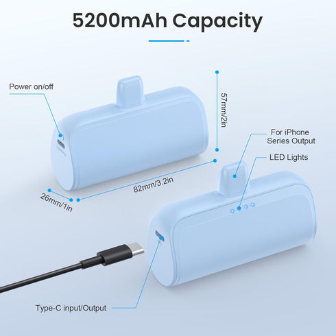 Mini Portable Charger Power Bank for iPhone, 5200mAh Ultra-Compact PD Fast Charging Battery Pack, Compatible with iPhone