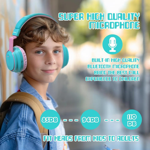 Kids Bluetooth Headphones, Wireless 60H Play Time, Volume Limited 85/110dB Over Ear Headset with Mic (Cyan)