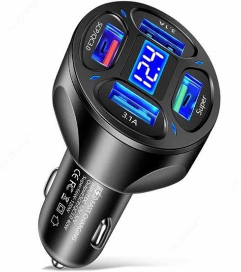 66W 4 Ports USB Cigarette Lighter Adapter, Fast Charging Adapter with Voltage Monitor LED Display, Compatible with