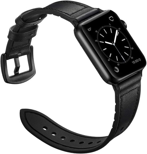 OUHENG Compatible with Apple Watch Band, Sweatproof Genuine Leather and Rubber Hybrid Band, Black