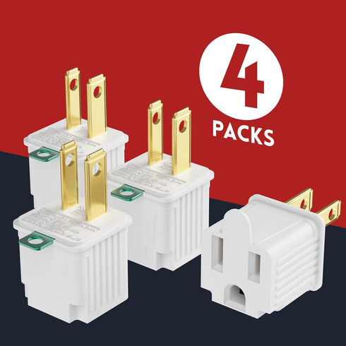 2 Prong to 3 Prong Outlet Adapter, Polarized Grounded Converter, Wall Plug for Household, 4-PACK, White