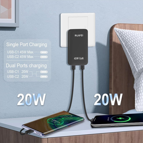 Flat USB C Wall Charger, 45W USB C Charger, Dual USB C Charger with Foldable Plug for Travel, PD 3.0 Fast Charging