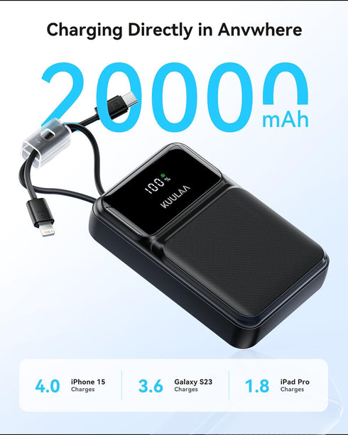 Kuulaa 20000mAh, 22.5W Pack 17 16 15 14 13 12 Portable Charger with Built in Cables Travel Power Bank with LED Display