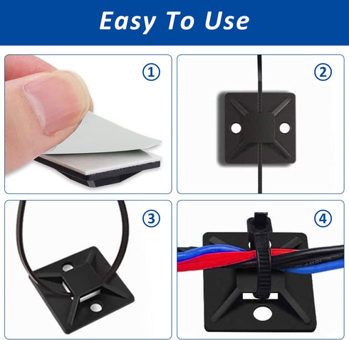 100 Set Cable Zip Tie Self Adhesive Mounts Kit with 6" Zip Ties, Sticky Wire Fasteners, Black Wire Holders