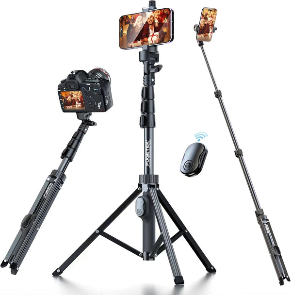 Fugetek 51" Professional Selfie Stick Tripod, Lightweight Aluminum Stick & Legs, Detachable Bluetooth Remote, Black