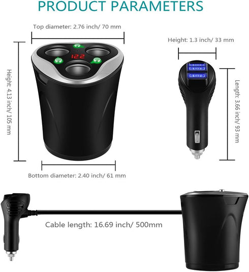 3 Socket Cigarette Lighter Splitter Power Adapter + 3 USB Car Charger 120W 12V/24V DC Outlet with Volt Meter for Cell