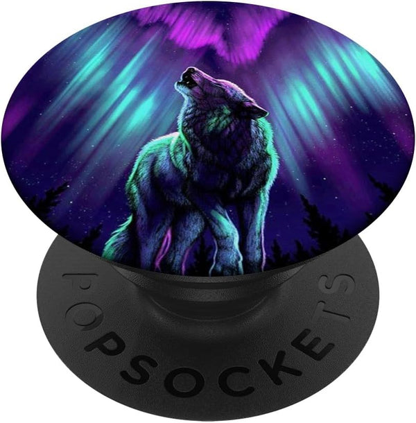 Wolf Howling Silhouette Northern Lights Purple Blue PopSockets Grip and Stand for Phones and Tablets