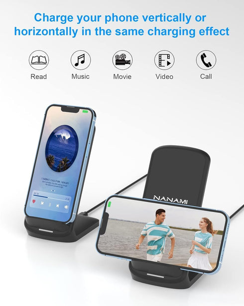NANAMI Upgraded Fast Wireless Charger, Qi-Certified Stand for Samsung Galaxy S24/S23/S22/S21/S20, iPhone 15