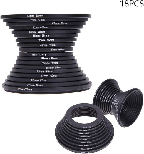 18Pcs Filter Ring Adapter Set - 37-82mm Metal Step Up/Down Rings Lens Adapter Filter Set for Digital SLR Camera