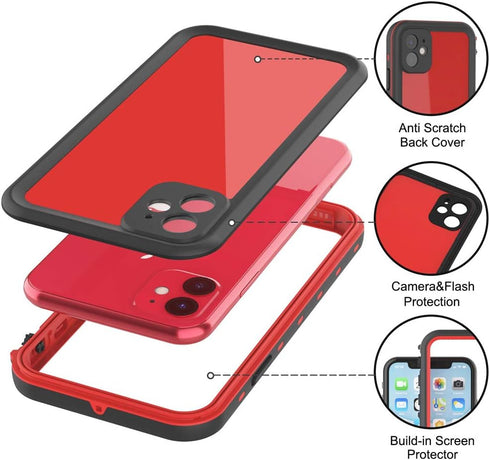 iPhone 11 Waterproof Case with Screen Protector, Full Body Shockproof Heavy Duty IP68 Protector (Red)