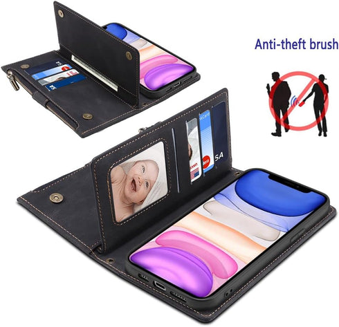 iPhone 11 Pro Max Wallet Case with Tempered Glass, Zipper Credit Card Holder, Crossbody Strap, Black.