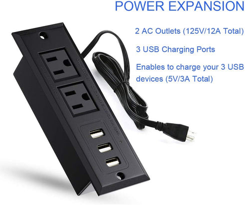 Conference Recessed Power Strip Socket with USB Ports - Desktop Charging Station with 2-Outlets & 3 USB Ports