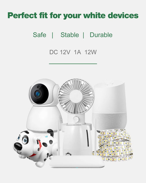 12V 1A Power Supply White, 100-240V AC to DC 12Volt 1Amp 12W Adapter 0.8A 500mA 400mA Power Cord 5.5x2.5mm Tip for LED Light Strips, Security Camera System, CCTV, Routers, Motors