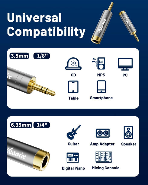 1/4'' to 3.5mm Stereo Pure Copper Headphone Adapter, 3.5mm Plug Male to 6.35mm Jack Female Stereo Adapter for