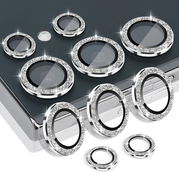 Samsung Galaxy S24 Ultra Camera Lens Protector, Glitter Silver Tempered Glass Aluminum Alloy Ring Cover with Tools