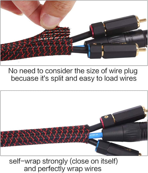 Alex Tech 10ft Cord Protector Wire Loom Tubing, 3/8 inch Split Sleeving for USB Cable, Blackred