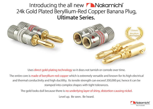 Nakamichi Ultimate Series 24K Gold Plated Beryllium Red Copper Banana Plug, 12-18 AWG Gauge Size, 4mm Connector, 10 Pcs