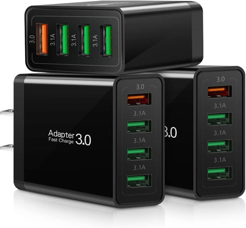 3-Pack Fast Charging 3.0 Wall Charger, 4-Ports USB Block, iSeekerKit Multi USB Power Adapter for iPhone, iPad, Samsung