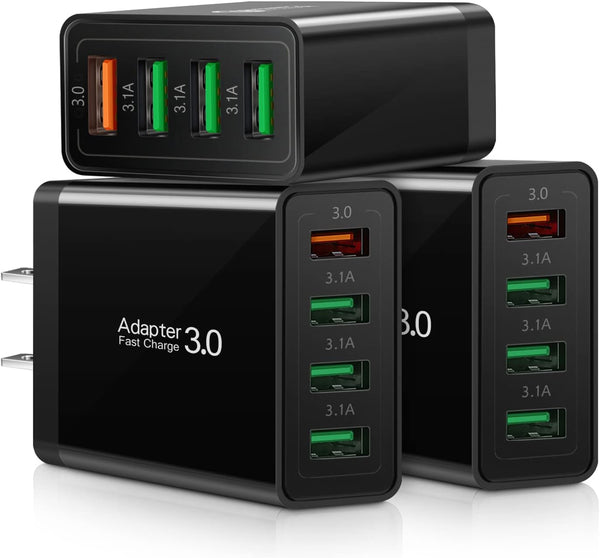 3-Pack Fast Charging 3.0 Wall Charger, 4-Ports USB Block, iSeekerKit Multi USB Power Adapter for iPhone, iPad, Samsung