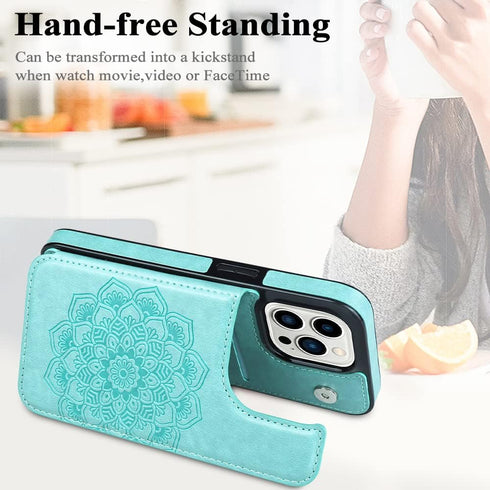 MMHUO Flower Magnetic Back Flip Case for iPhone 15 Pro, Mint, with Card Holder & Wallet Design