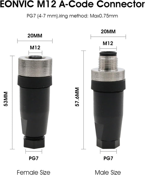 Eonvic M12 5 Pin Male & Female A Code Circular Aviation Plug, 60V 4A Waterproof Connector Cable Adapter