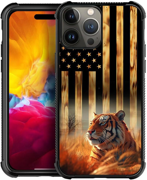 DJSOK Classic Wood Grain American Flag Case for iPhone 15, Dual Layer Shockproof Rugged Cover for Men Boys Girls